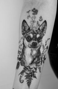 1 Black Ink Designed Chihuahua in Nature Tattoo on Forearm