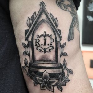 1 Black Ink Floral Headstone RIP Grave Tattoo on Arm