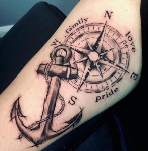 Incredible Black & Gray Inked Anchor Compass Tattoos on Arm