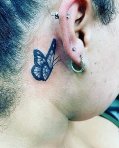 10 Attractive Black Inked Small Butterfly Tattoo for Cute Female on Behind the Ear
