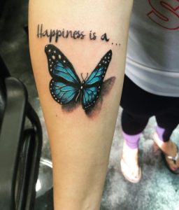 10 Beautiful Color Inked Butterflies with Writing Quote Tattoo for Beauty Girls on Forearm