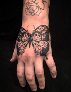 10 Black Inked Butterfly Tattoo for Champion Lover Female on Finger Upper Side