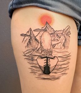 10 Outstanding Black and Orange Ink Designed Surfing with Kayak at Natural Sunset Tattoo on Thigh