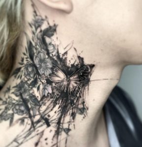 10 Realistic Solid Black Ink Butterfly Faminine Tattoo on Neck Side
