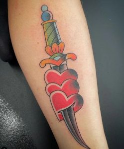 10 Traditional Dagger in Heart Tattoo on Lower leg