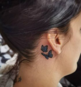11 Awesome Color Inked Small Butterflies Party Tattoo for Cute Female on Behind the Ear