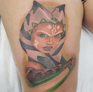 12 Absolute Color Inked Ahsoka with Magical Sword Tattoo for white Skine Girl on Thigh