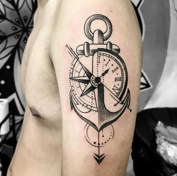 12 Balck Gray Inked Fine Line Art Anchor Compass Tattoo on Arm