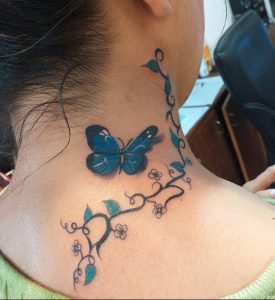12 Cute Tiny Butterfly Tattoo on Back Neck Side