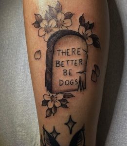 12 Flower Around Headstone with Quotes Tattoo on Leg