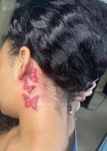 12 Super Adorable Red Butterflies Party Tattoo for Pretty Female on Behind the Ear