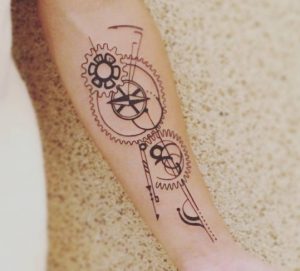 13 Cute Fine Black Line Ink Geometric Gear Pattern Tattoo for Girl on Forearm
