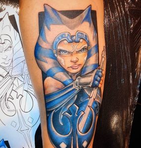 13 Extreme Talented Color Inked Ahsoka with Magical Sword Tattoo on Forearm