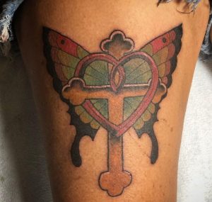 13 Gorgesous Color Inked Heart of Butterfly with Cross Tattoo on Thigh