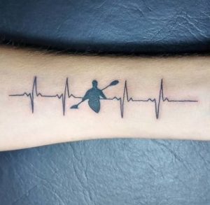 13 Heart Touching Black Ink Desing Heartbeat Ray with Kayak Tattoo on Half Sleeve