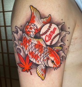 13 Realistic Color Baseball Tattoo with Fish on Arm Bycep