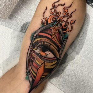 13 Solid Ink Eye Crystall Tattoo with Fire on Half Sleeve