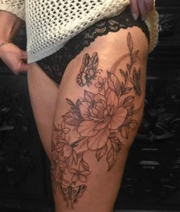 13 Worthy Black Line Ink Butterfly Tattoo with Flowers for Female on full Thigh