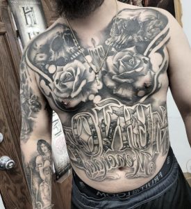 13 incredible Body Suit Tattoo on chest belly full hand with flowers skulls
