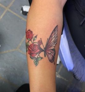 14 Attractive Real Color Designed Rose with Butterfly Tattoo for Female on Sleeve