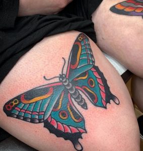 14 Damn Gorgeous Color Ink Butterfly Tattoo for Female on Thigh