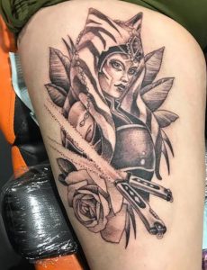 14 Extreme Talented Black Gray Inked Ahsoka with Magical Power Sword Tattoo on Thigh