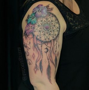 14 Eye Catchy Colofull Hibiscus Tattoos with Mandala Fution on Half Arm