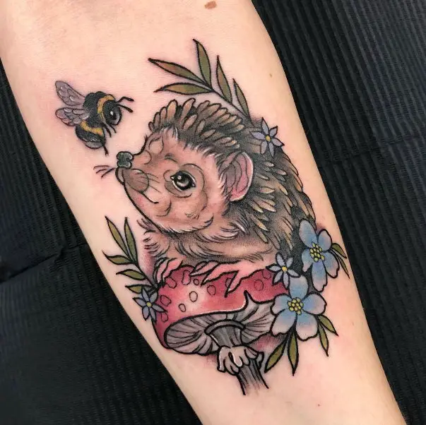 14 Floral Hedgehog Color Tattoo on Forearm