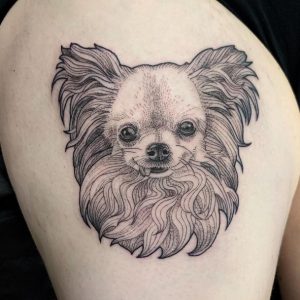 14 Lovely Cute Black Ink Art Chihuahua Tattoo on Thigh
