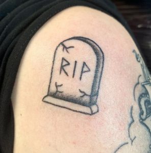 14 Prettiest Simple Black Ink Art Tiny Rip Tombstone Tattoo on Arm