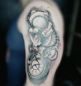 15 Gray Ink Holding Baseball and Christian Beads with Clock Tattoo on Half Arm