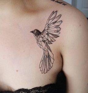 15 Outstanding Black Ink Geometric Style Mockingjay Bird Tattoo in on Chest