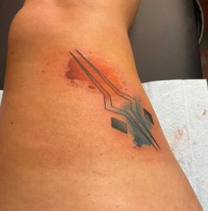 15 Rainbow Inked Splashed Ahsoka Sign Tattoo on Thigh