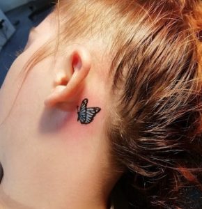 15 Sweet Inked Butterfly Tattoo on Upper Neck Side and Behind the Ear