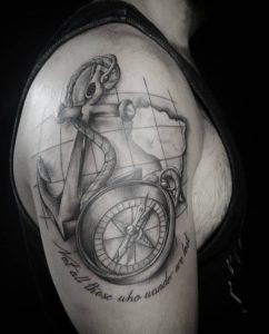Balck Inked Big Anchor & Compass Tattoo on Half Arm