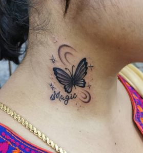 16 Cute Black Inked Butterfly Tattoo on Side Neck for Pretty Women