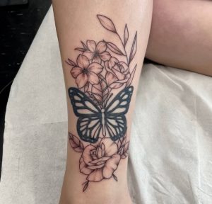 16 Feminine Side Lower leg Butterfly Black Inked Tattoo