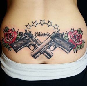 16 Gorgesous Color Inked 1911 Pisto Tattoo with Roses Five Stars for Female on Back Hip