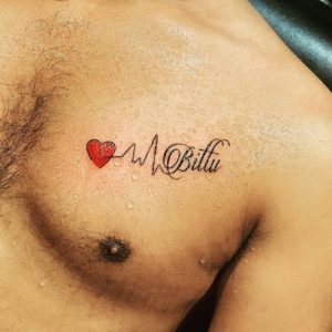 16 Lovely Pulse Tattoo with Red Heart Name on Chest