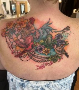 16 Lucrative Color Ink Cover Up Tattoo by Cock Birds and Frog within Beautiful Nature riverside on Half Back