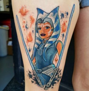 16 So Amazing Inked Ahsoka with Power Sword Tattoo on Thigh Front Side