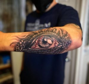 17 Baseball Eye Tattoo with Stching on Half Sleeve