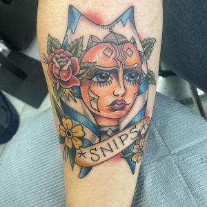 17 Cute Color Inked Ahsoka face with Name Tattoo on Forearm