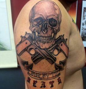 17 Freking Color Inked Double 1911 Pisto Tattoo in Cross Designed with Skull on Arm
