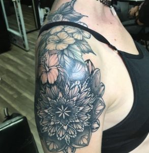 17 Hibiscus Tattoos with Mandala Design Covering Shoulder to Arm