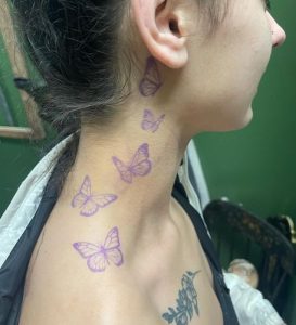 17 Super Pretty Butterflies Flying Tattoo on Side Neck