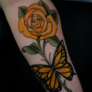 17 Yallow And Black Inked Rose with Butterfly Tattoo for Girls on Forearm