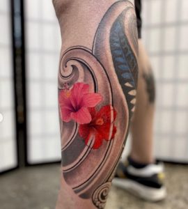 Hibiscus Red Tattoos on Leg
