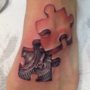 18 Mysterious Puzzle Mechanical Bio Gear Tattoo on Foot