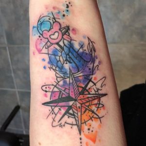 Color Splash Inked Anchor & Compass Tattoo on Forearm